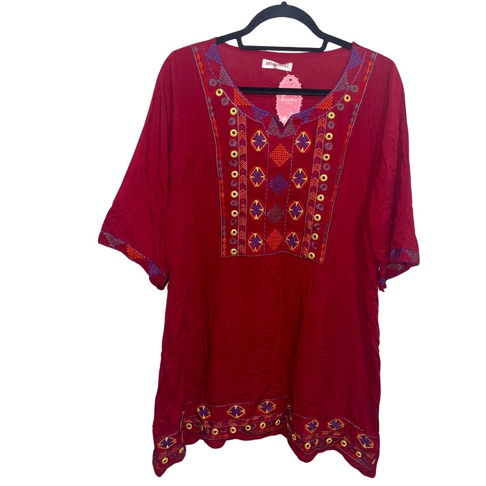 Ming Hui Women's Vibrant Embroidered Burgundy Tunic Beach Cover Top Sz L NWT